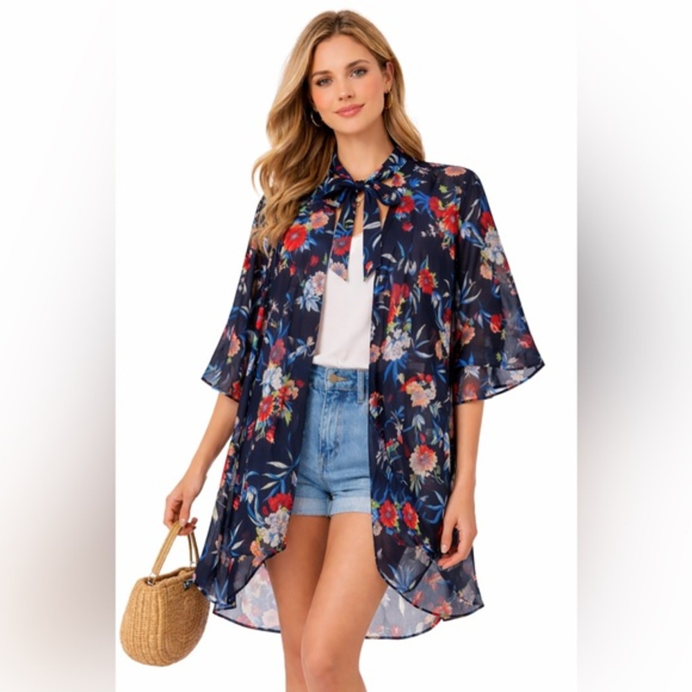 Tahari Floral Open Front Kimono Cardigan S/M Sheer Coverup Boho Layering Top